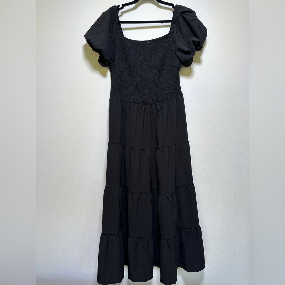 Black Puff Sleeve Midi Dress Square Neck Tiered Smocked Bodice Size L